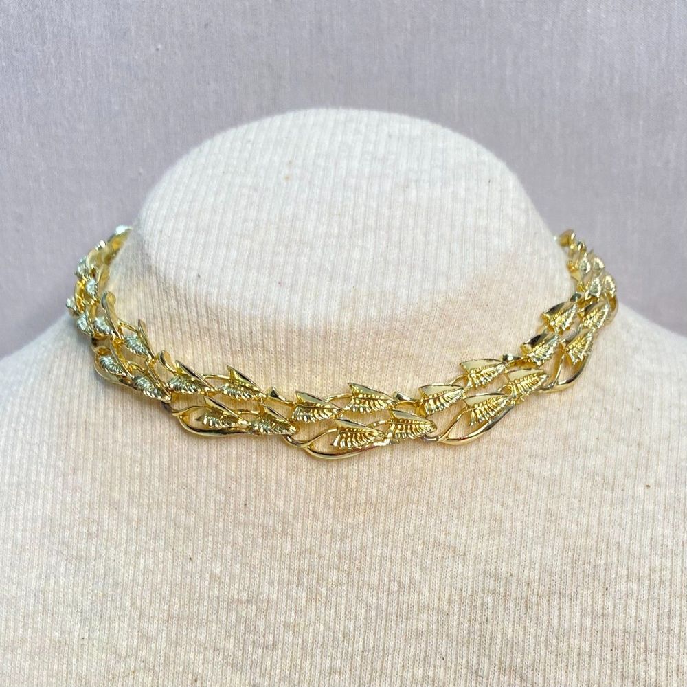 💎Gold Tone Leaf Chain Link Choker Necklace Adjustable Vintage Boho